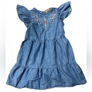 Wrangler Girls Ruffle Sleeve Denim Dress Sz Small 6 Embroidered Cowgirl Western